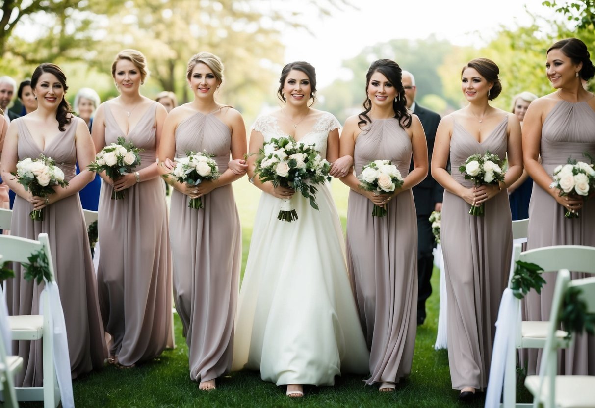 Bridesmaids walk down the aisle in pairs, with the maid of honor walking alone