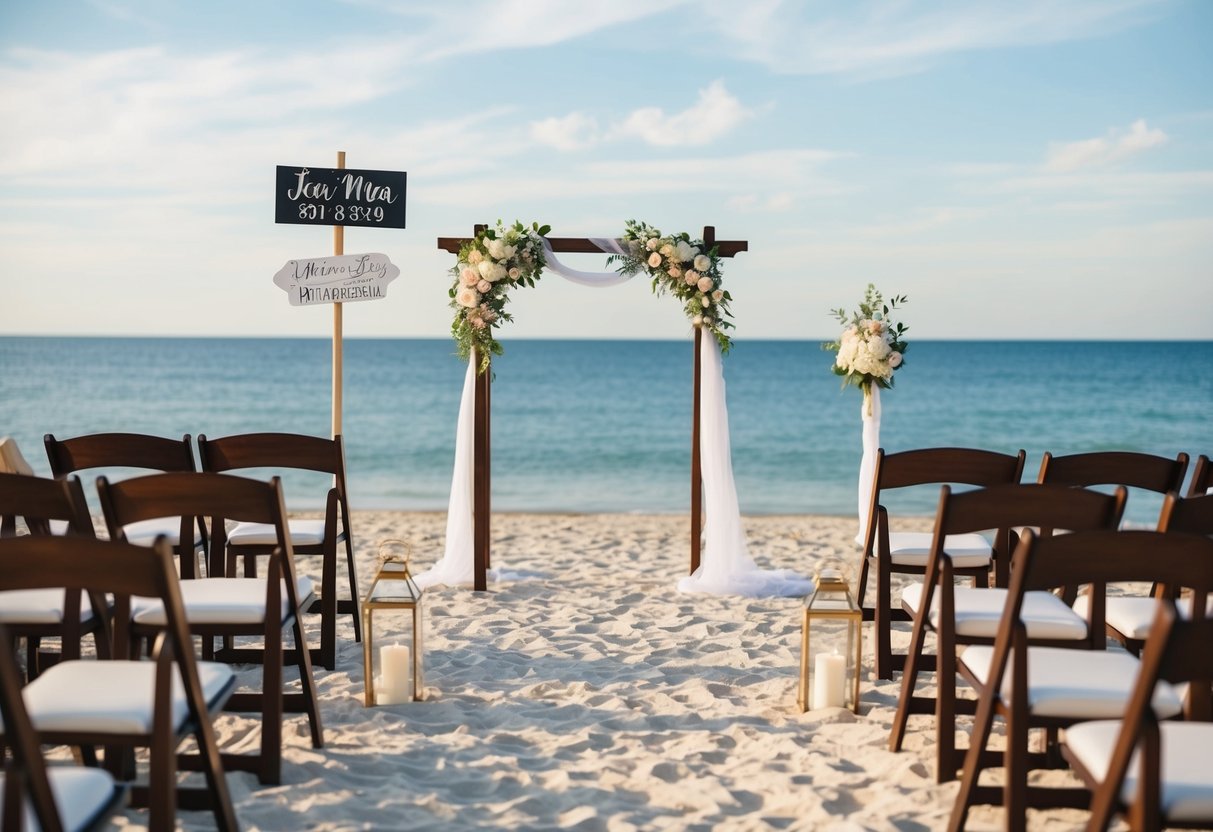 A beach with a wedding setup, including chairs, an arch, and a sign with the date and location