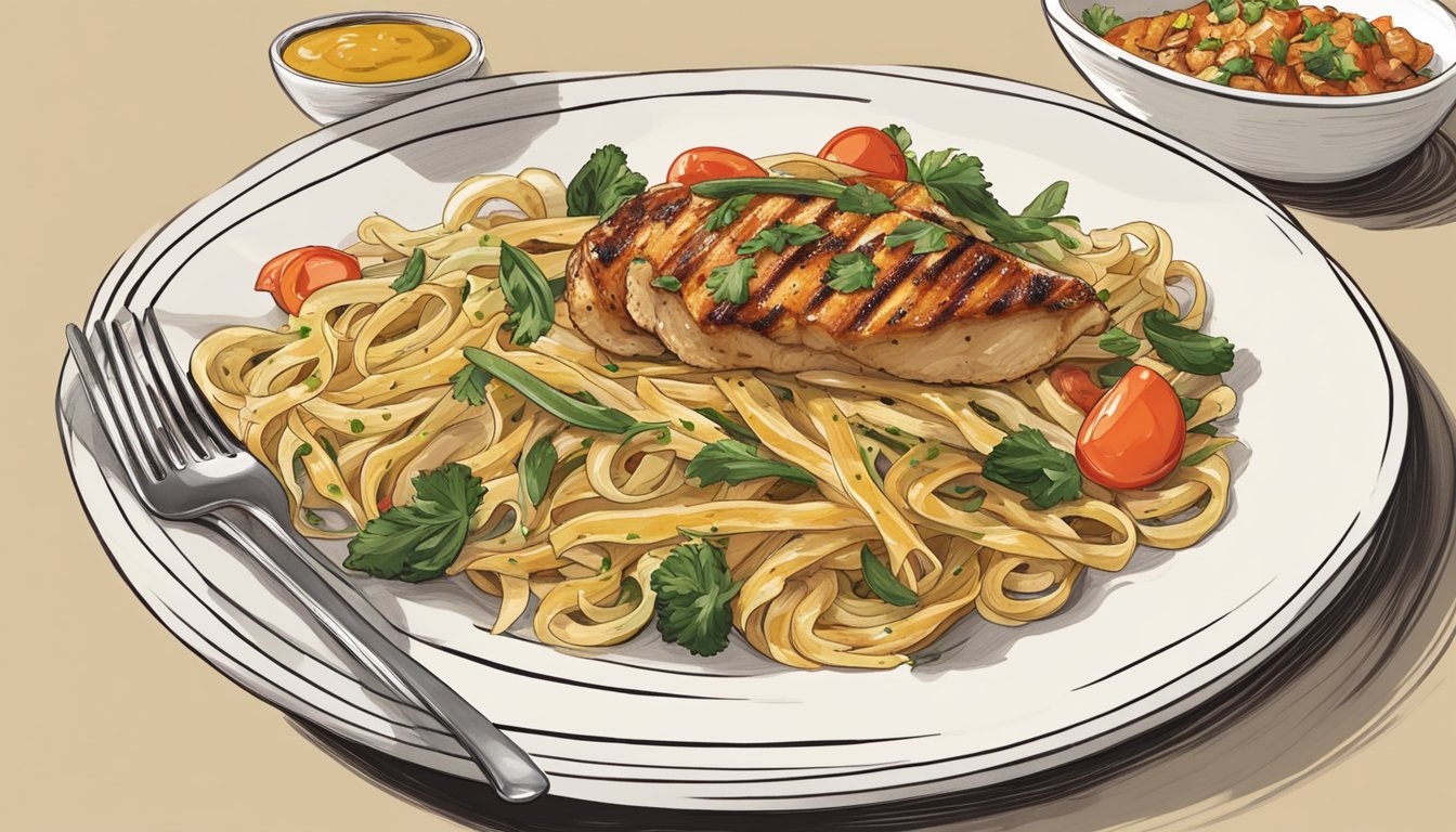 A bowl of pasta with vinaigrette drizzled over it, alongside a plate of grilled vegetables coated in vinaigrette, and a dish of marinated chicken with vinaigrette as a glaze