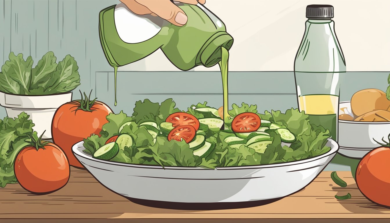 A bowl of mixed greens sits next to a plate of sliced tomatoes and cucumbers. A bottle of vinaigrette is being poured over the salad, replacing the Italian dressing