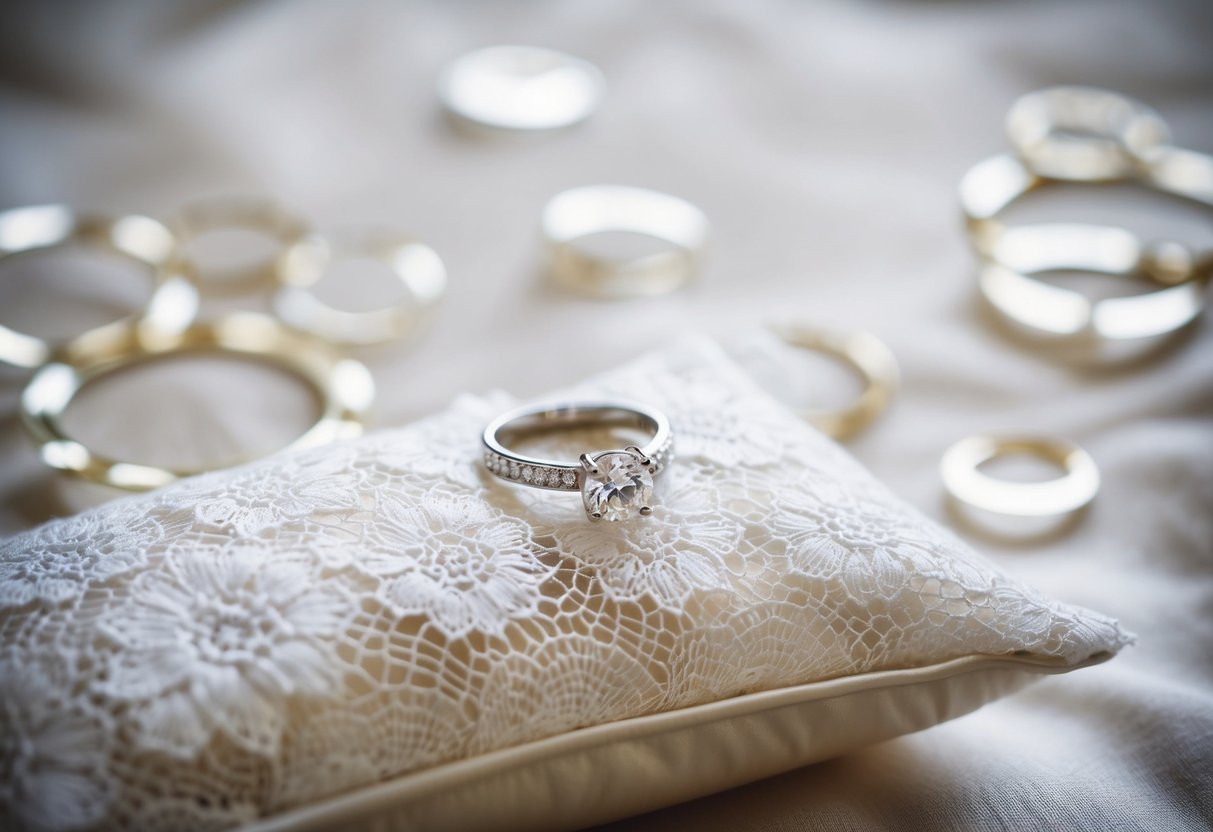 A white lace wedding dress with a delicate engagement ring resting on a silk pillow