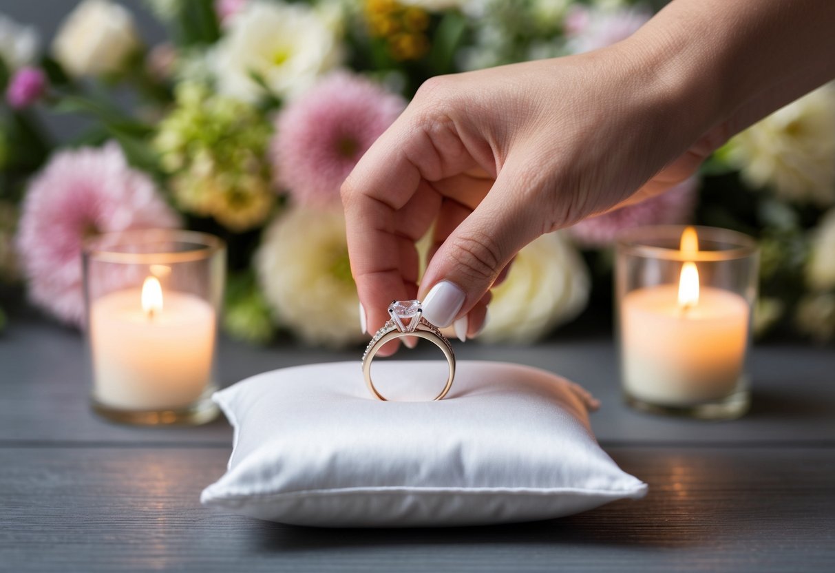 A wedding ring being placed on a pillow, with a backdrop of flowers and candles