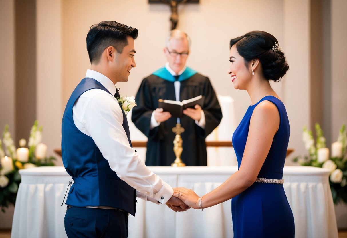 A couple standing at the altar, facing each other, with the officiant in the background. The couple is exchanging vows, and one of them is about to say "I do."