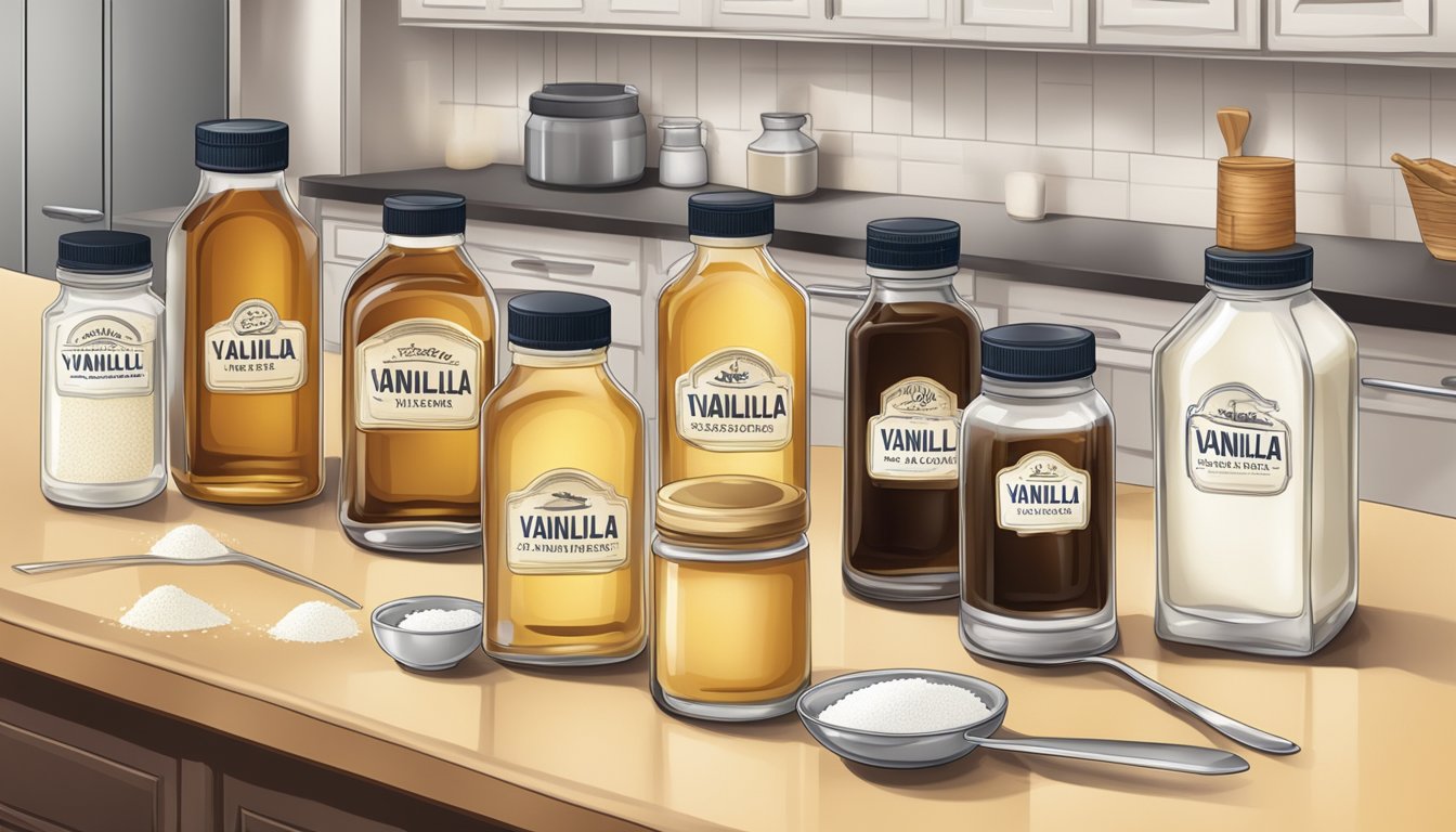 A variety of vanilla flavorings such as vanilla beans, vanilla sugar, and vanilla extract arranged on a kitchen counter