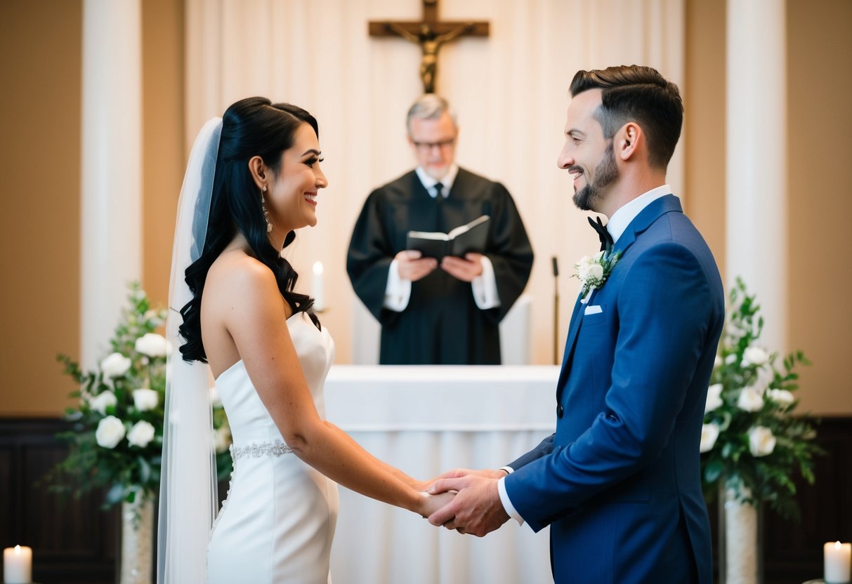A couple standing at the altar, facing each other with the officiant in the background. The bride and groom are holding hands and exchanging vows