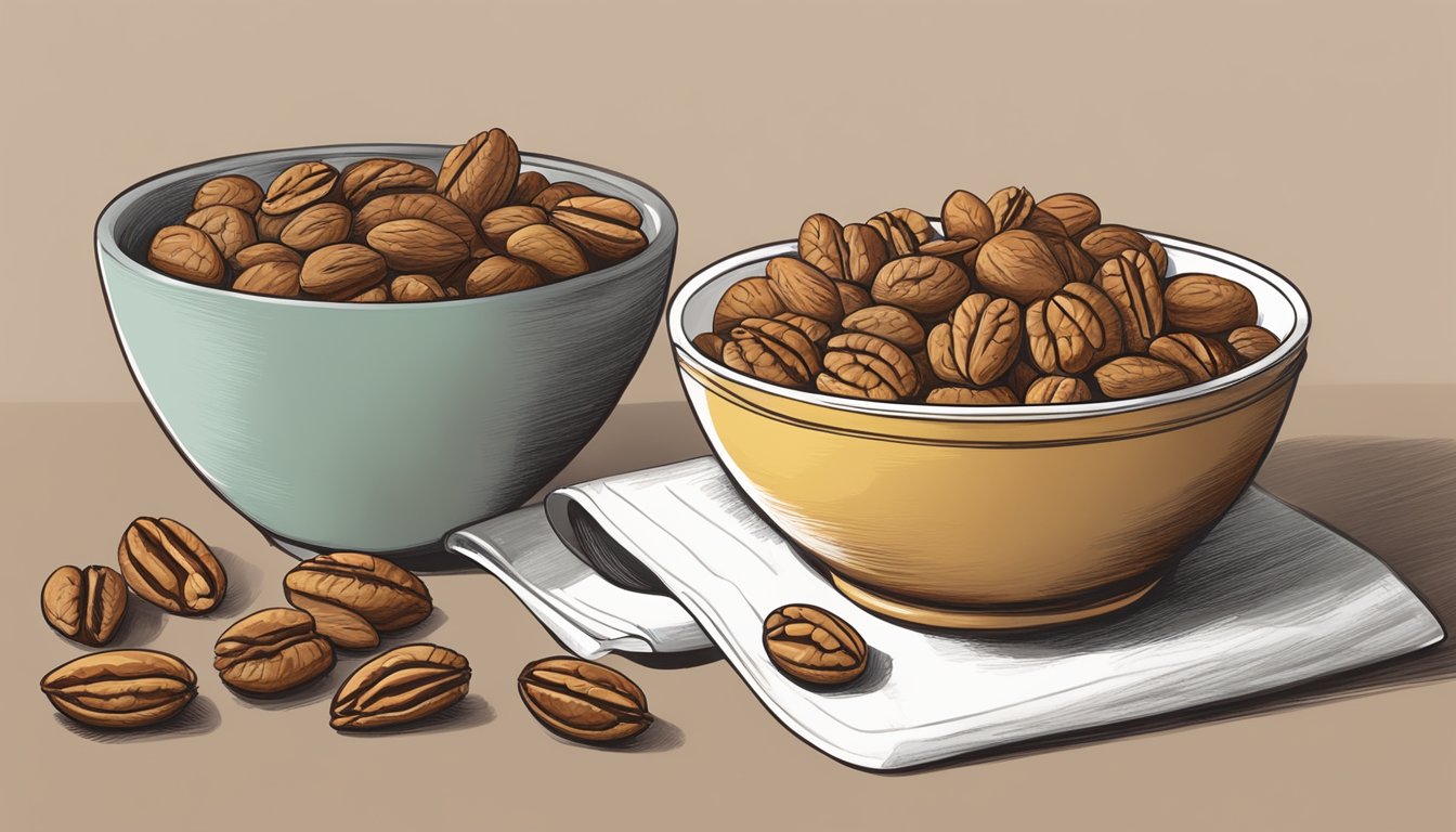 A bowl of walnuts and pecans side by side, with a measuring cup and spoon nearby