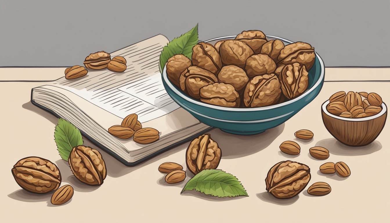 A bowl of walnuts placed next to a recipe book open to a page with pecan-related recipes