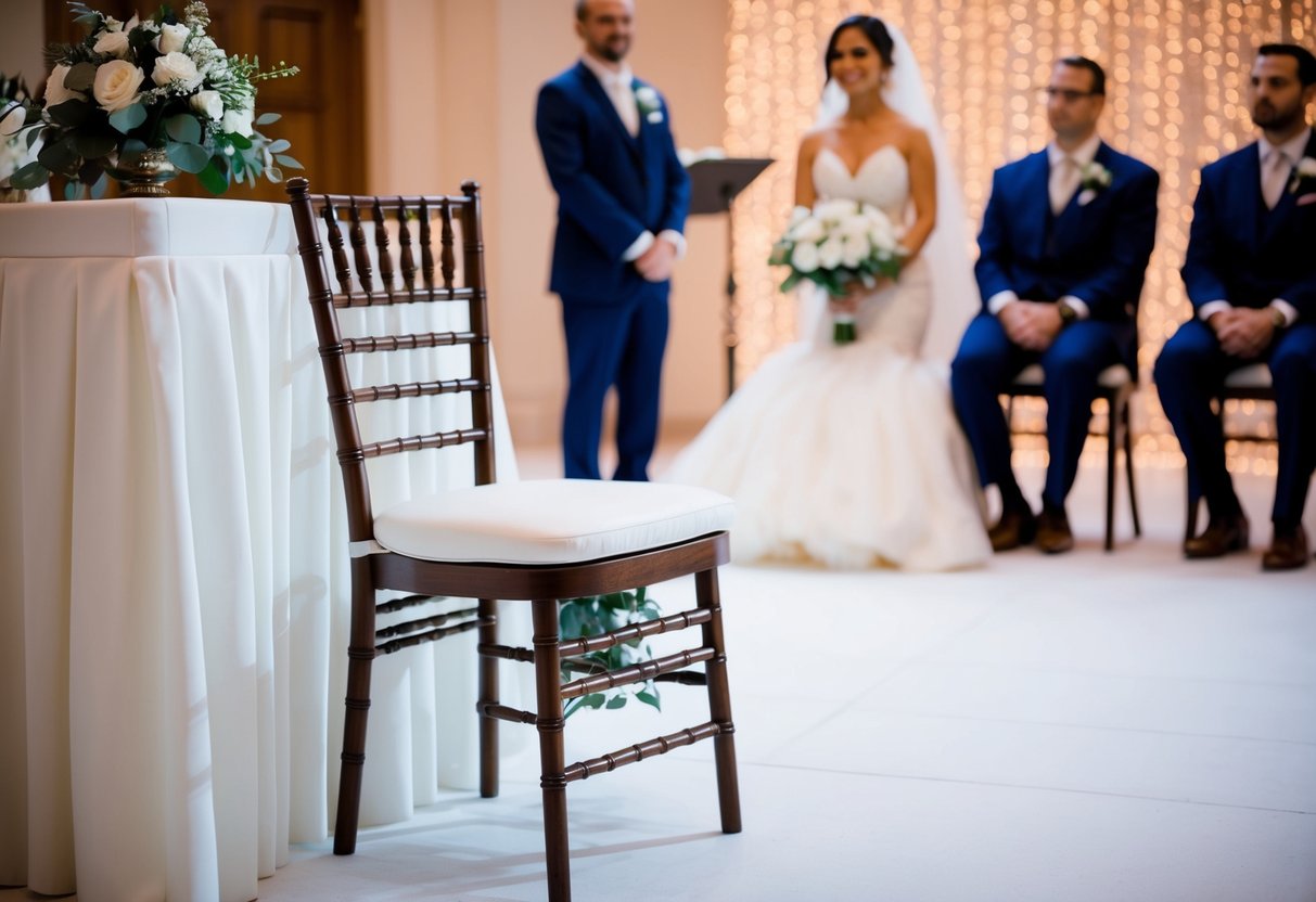 A groom's chair placed on the left side of a wedding altar