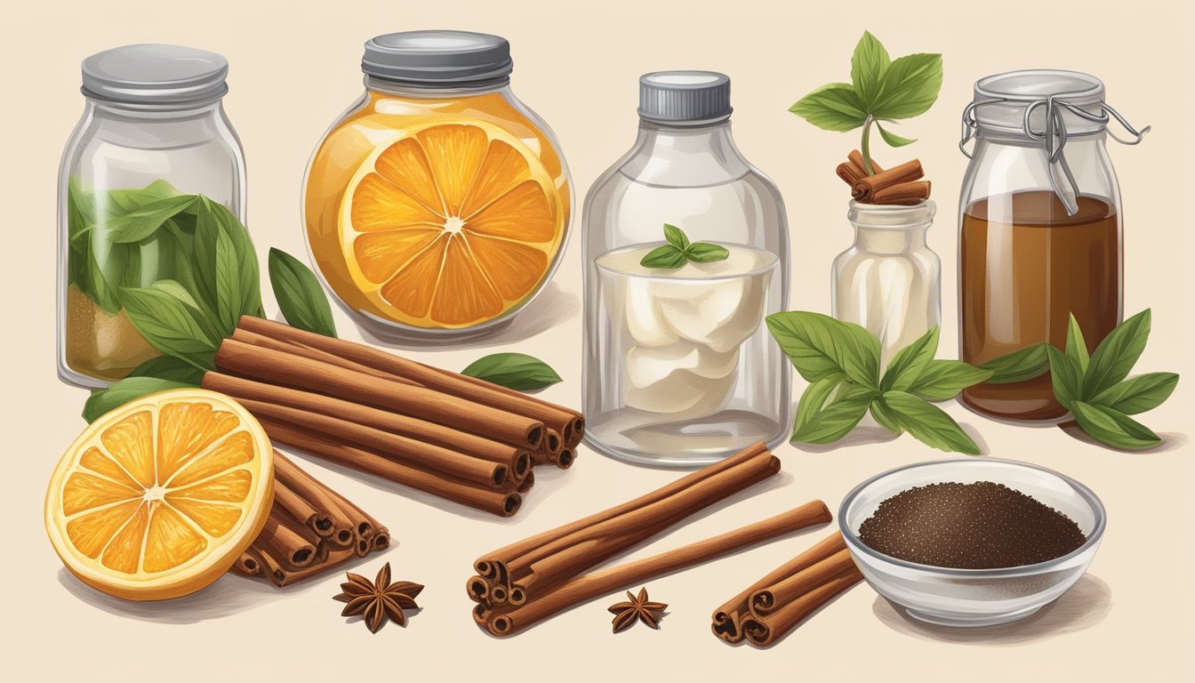 A jar of vanilla sugar and a bottle of vanilla extract surrounded by various ingredients and flavor pairings, such as cinnamon sticks, citrus fruits, and fresh herbs