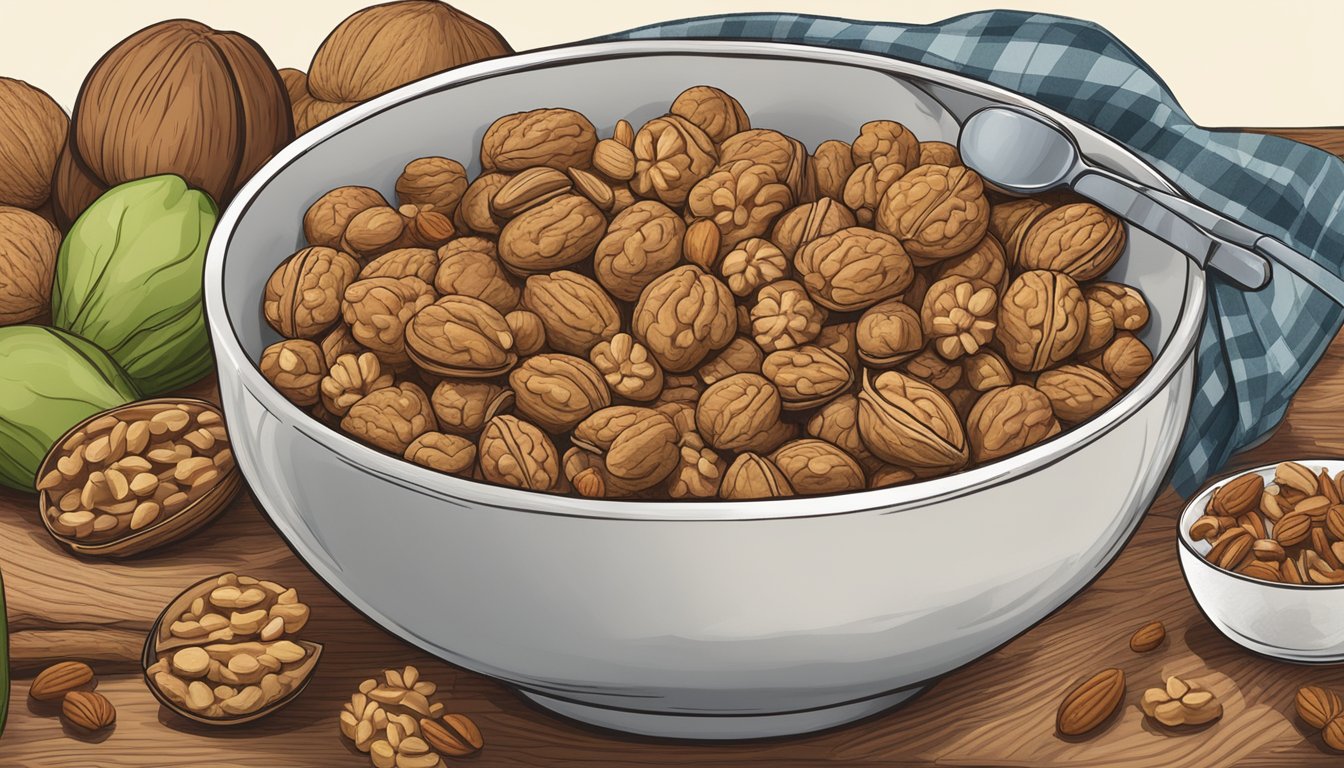 A bowl of walnuts replacing pecans in a recipe, surrounded by measuring spoons and ingredients