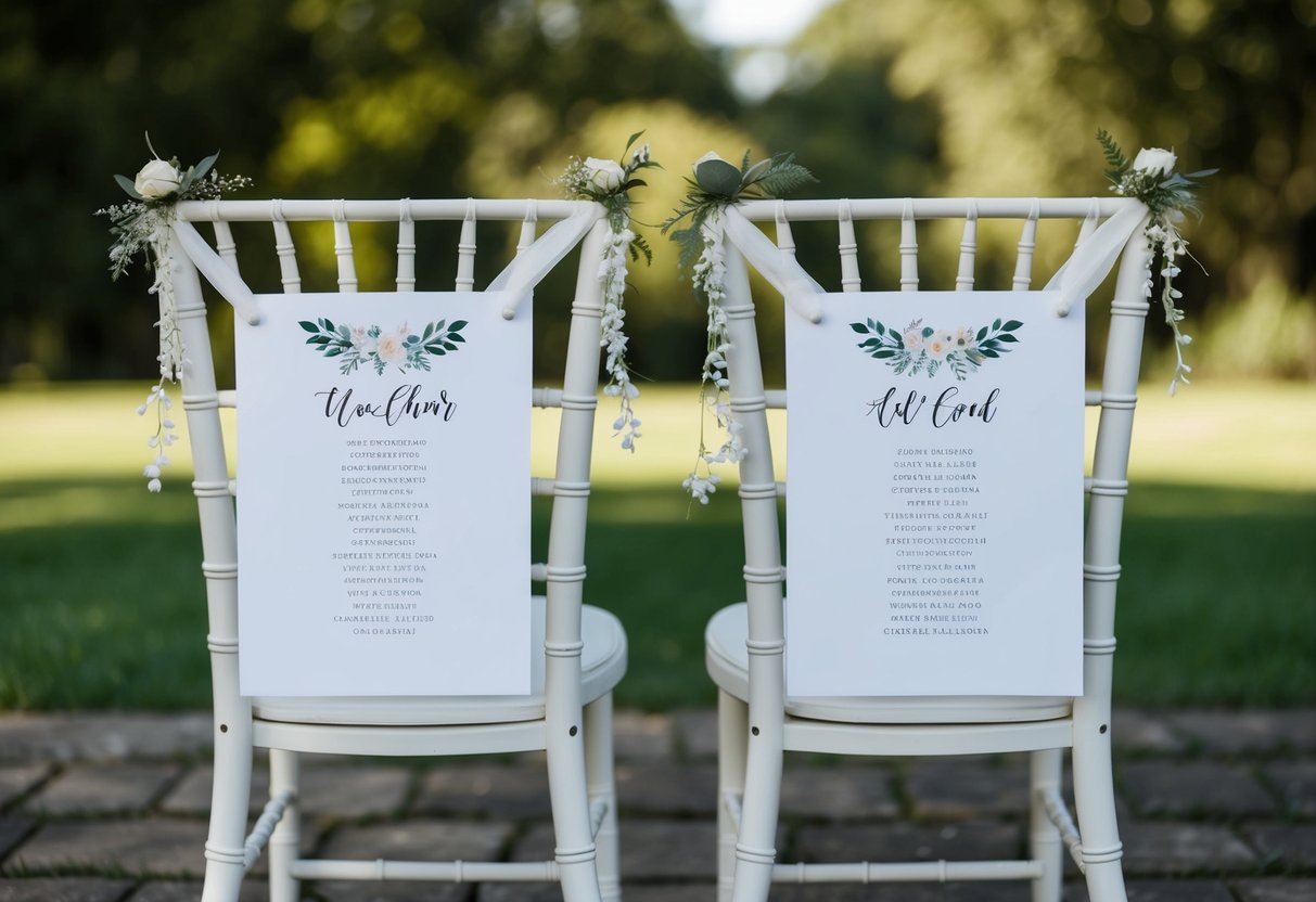 A wedding seating chart with two chairs, one on the left and one on the right, adorned with symbolic decorations such as flowers or ribbons