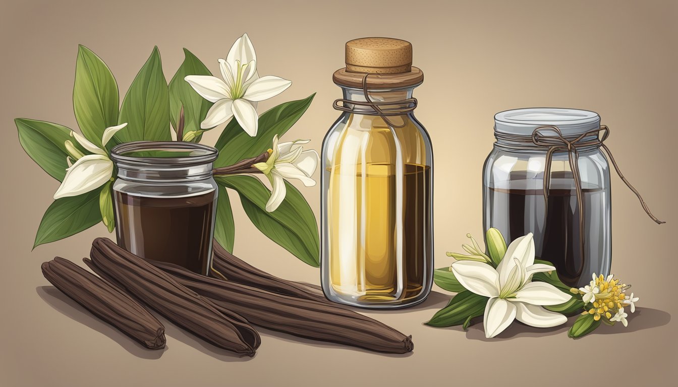 A variety of vanilla plants with pods and flowers, next to a jar of vanilla sugar and a bottle of vanilla extract