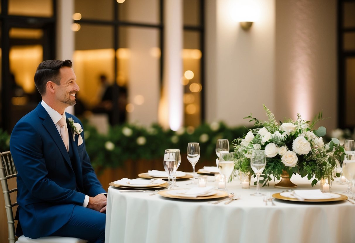 A modern wedding scene with groom seated on the left at a beautifully decorated reception table