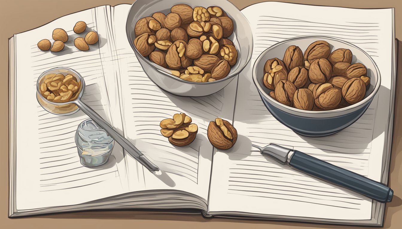 A kitchen counter with a bowl of walnuts next to a recipe book open to a page on nut substitutions