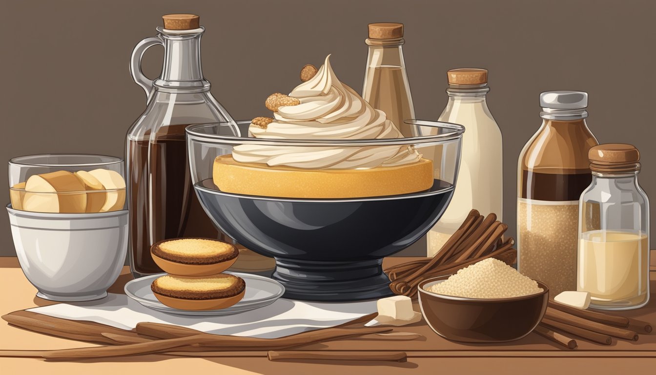 A bowl of sugar and vanilla beans, a bottle of vanilla extract, and various desserts and drinks displayed on a kitchen counter