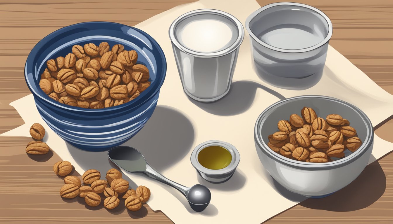 A bowl of chopped walnuts replaces pecans in a recipe, next to a measuring cup of oil