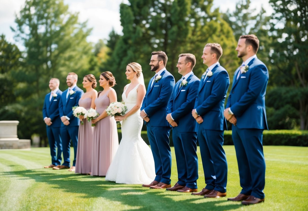 The wedding party and officiant stand in a line, with the groom positioned on the left side