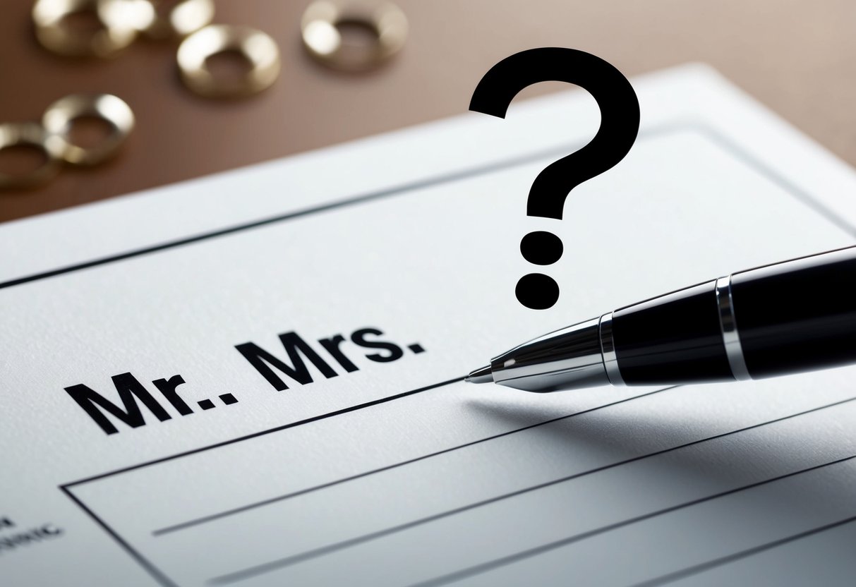A pen hovers over a blank line on a form, uncertain whether to write "Mr." or "Mrs." A question mark hangs in the air