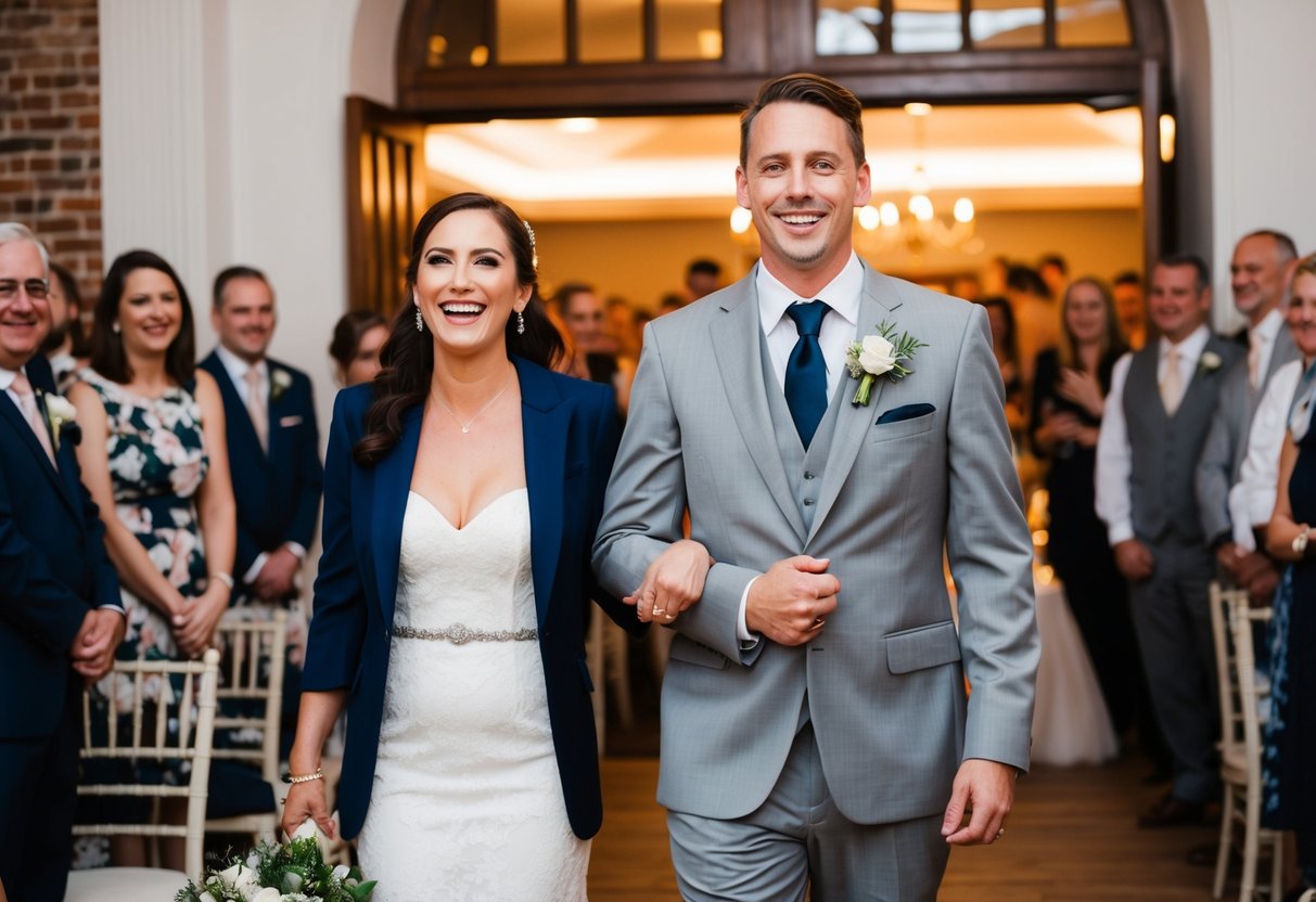 A couple stands at the entrance, smiling, as they are announced at the wedding reception. The room is filled with guests, and the atmosphere is joyful and celebratory