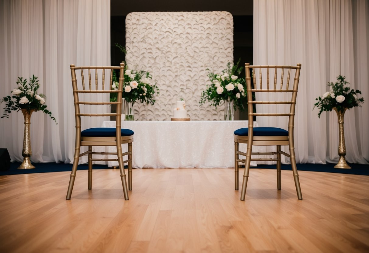 A wedding ceremony space with two chairs, one positioned slightly to the left and the other slightly to the right, facing a decorative backdrop