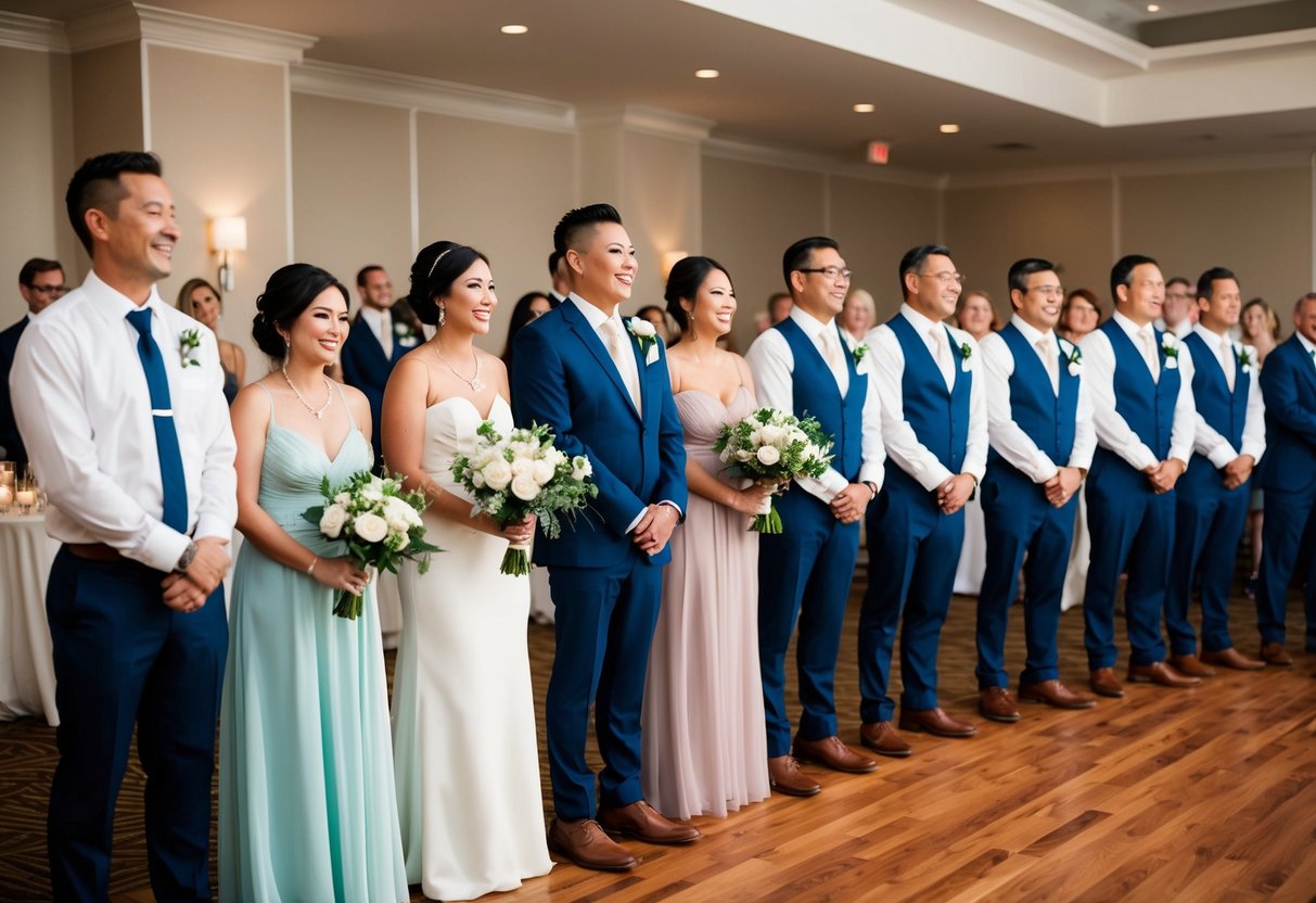 The wedding party and family stand in a line, waiting to be announced at the reception. The room is filled with excitement and anticipation