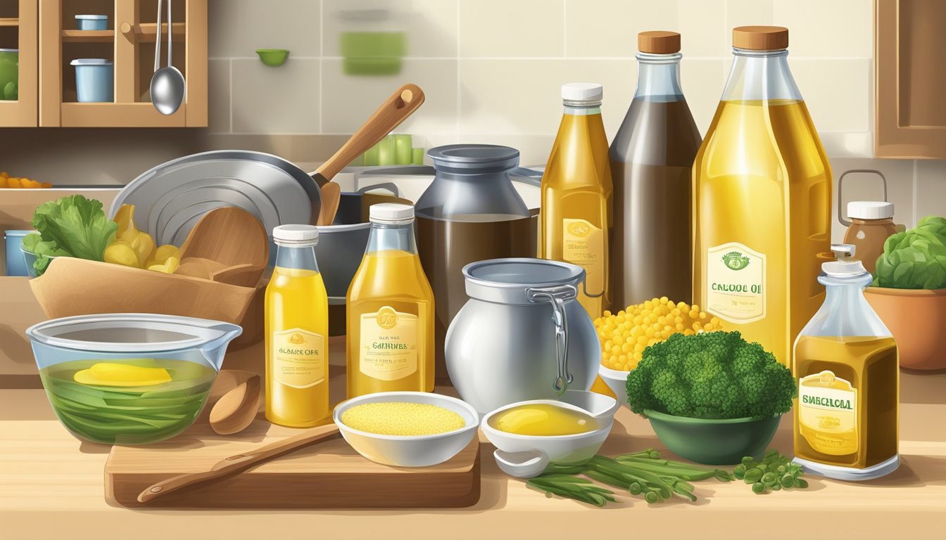 A kitchen scene with various types of oils and fats, including containers of vegetable oil and canola oil, along with measuring spoons and a mixing bowl