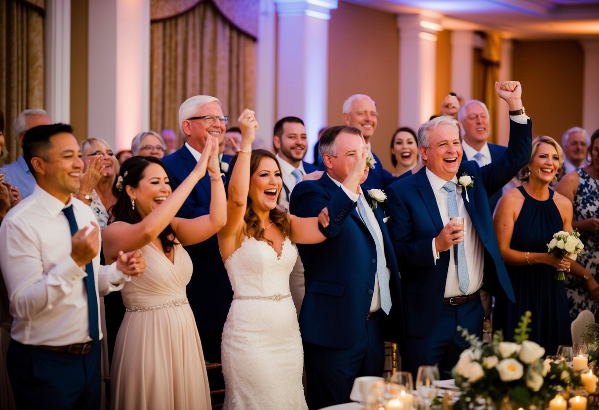 Guests cheer as parents are announced at the wedding reception. The room is filled with warm lighting and elegant decor, creating a joyful and celebratory atmosphere