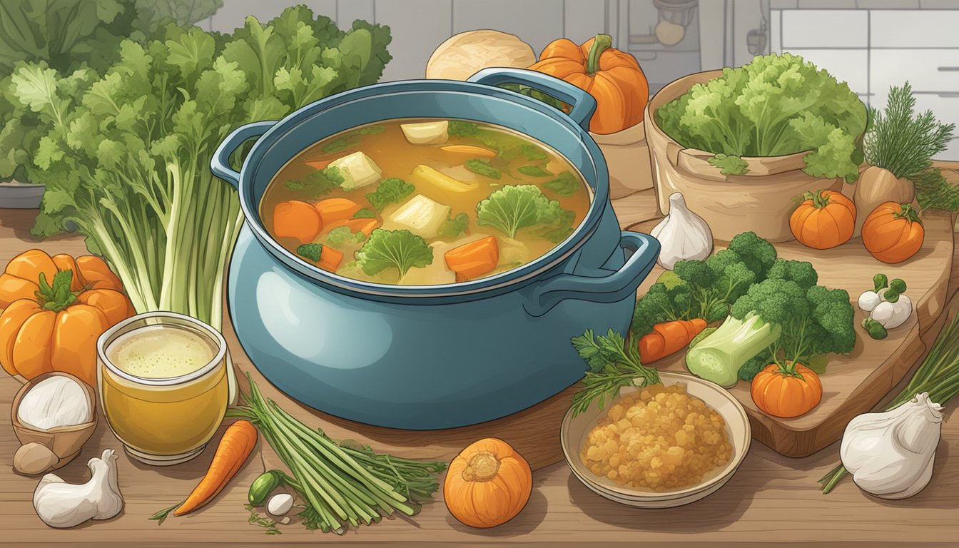 A pot of simmering vegetable broth replaces a pot of chicken broth in a recipe, with various vegetables and herbs surrounding it