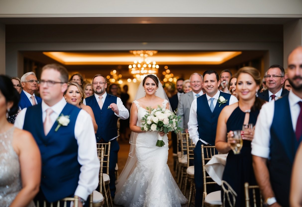 Guests rise as bride enters, creating a wave of movement and anticipation