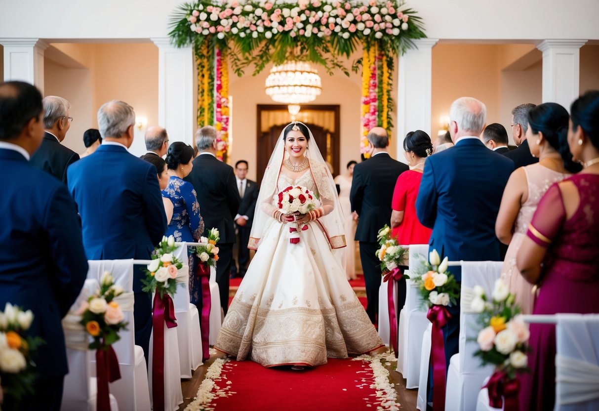 A bride enters a traditional wedding ceremony. Guests rise in respect. Flowers and decor reflect cultural traditions