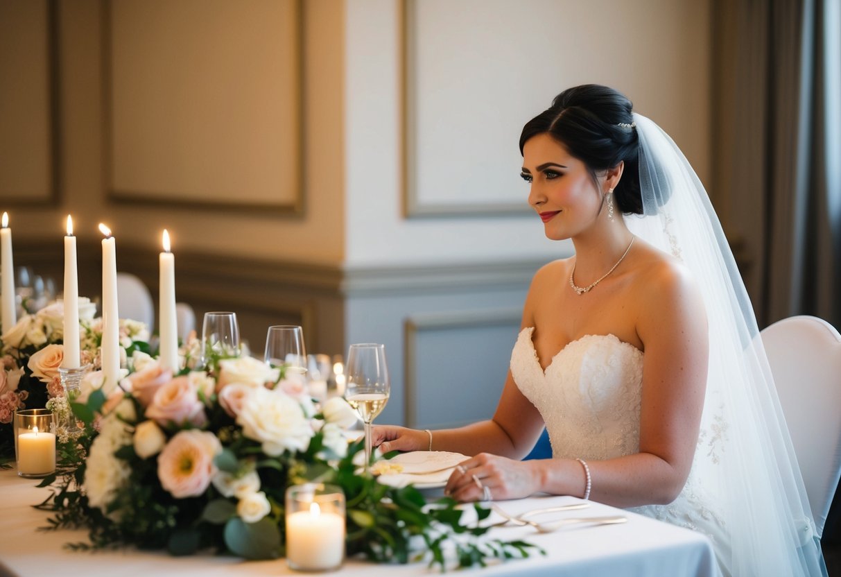 A bride sits on the left side of a table, surrounded by flowers and candles, with a place setting in front of her