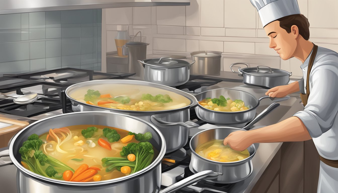 A pot of vegetable broth simmers on the stove, while a chef adds it to a variety of dishes like soup, risotto, and gravy