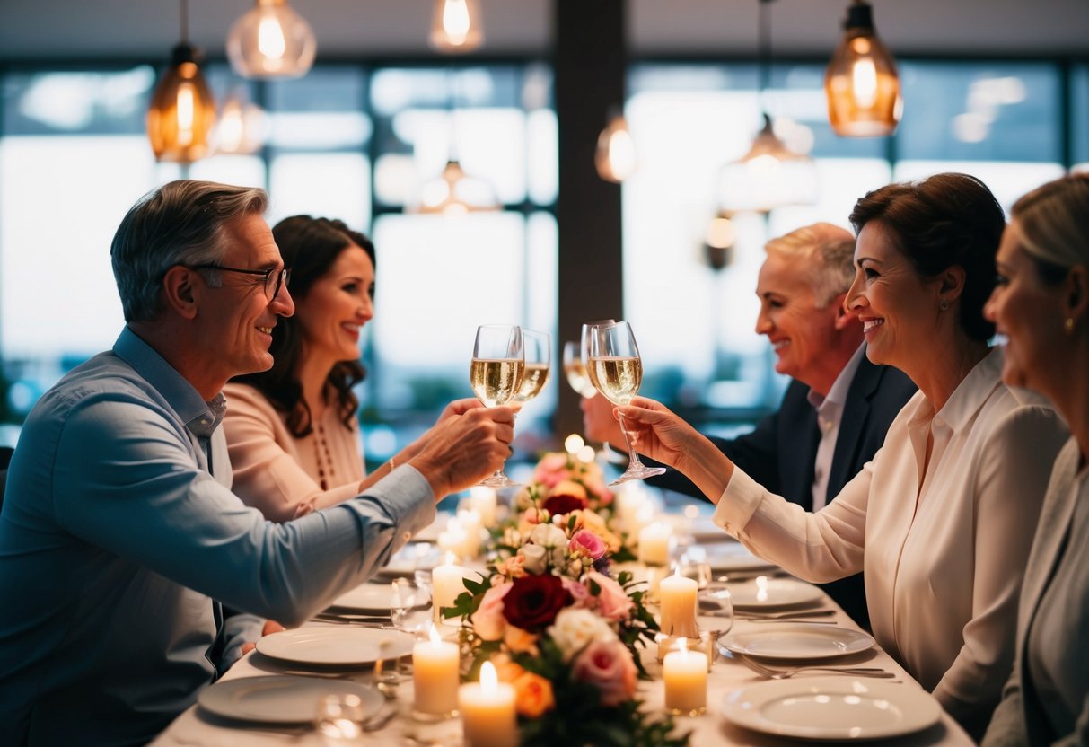 Parents toast at a long dinner table with candles and flowers