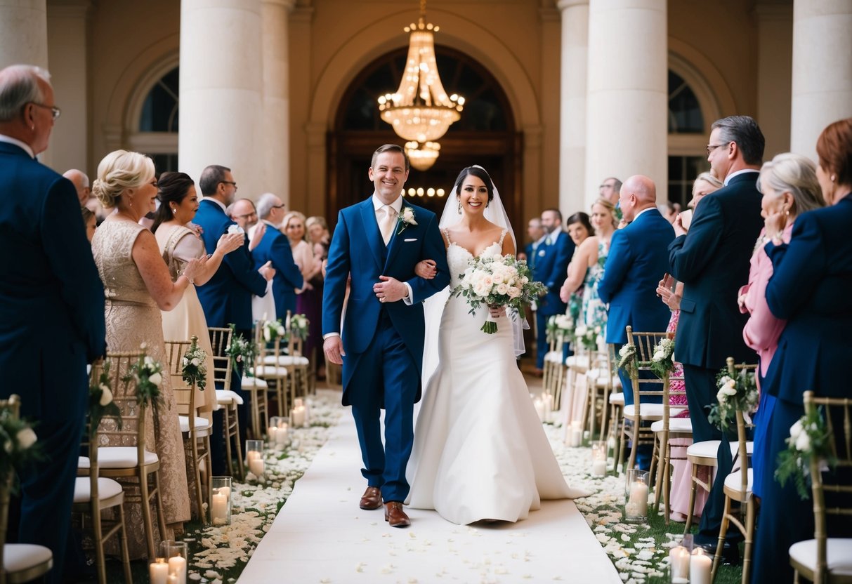 A grand wedding processional with guests rising as the bride enters, accompanied by music and flower petals scattered along the aisle