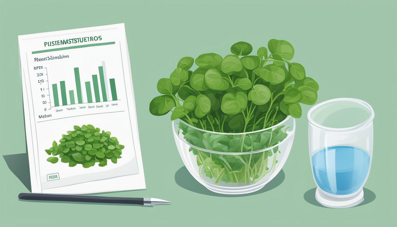 A bowl of watercress placed next to a bunch of spinach, with a measuring cup and a chart of substitution guidelines and ratios