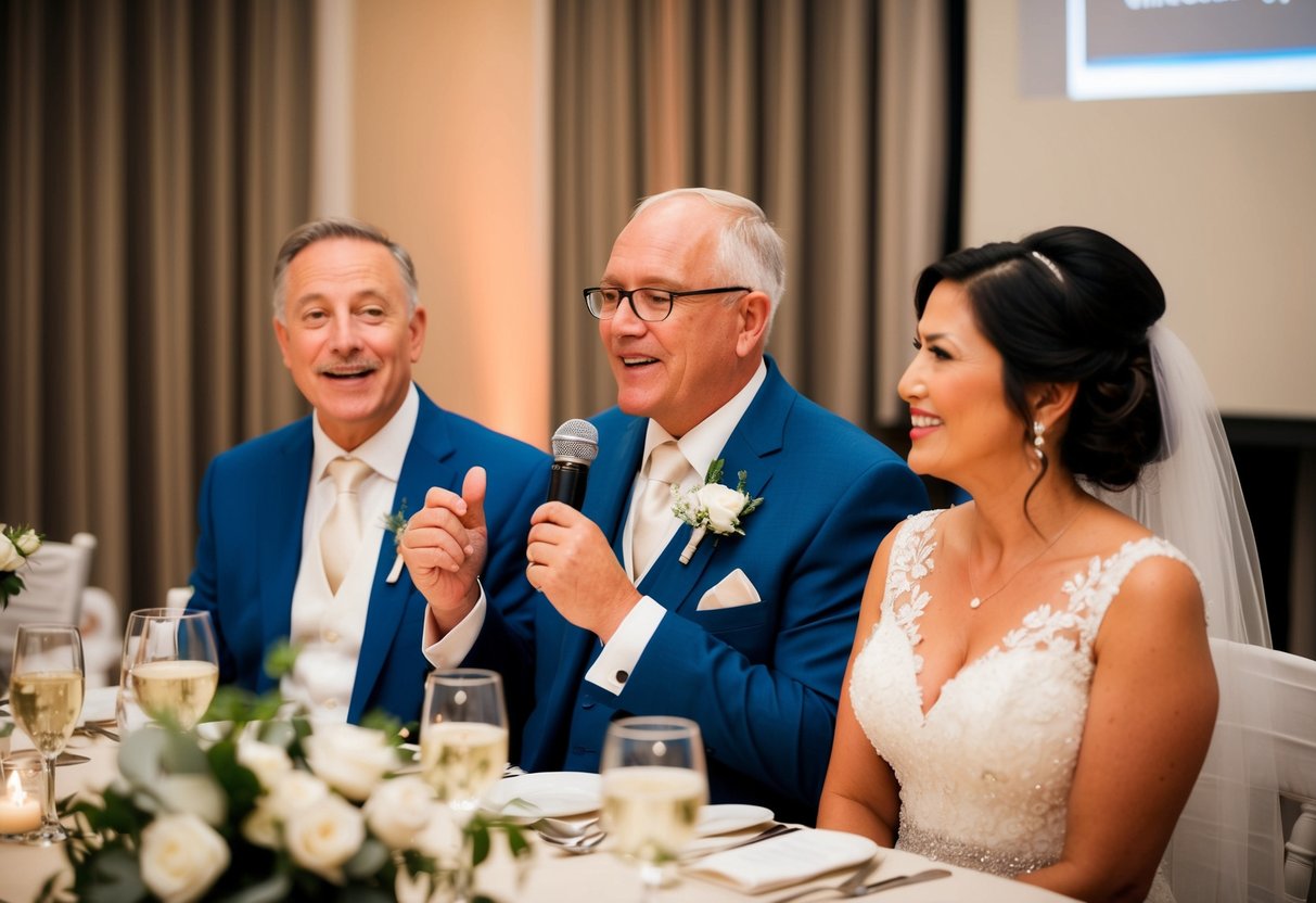 The bride's parents give a heartfelt speech at the rehearsal dinner, expressing their love and support for the couple