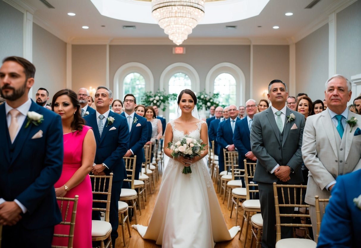 Guests rise as the bride enters the ceremony. The room is filled with anticipation and respect as all eyes turn toward her