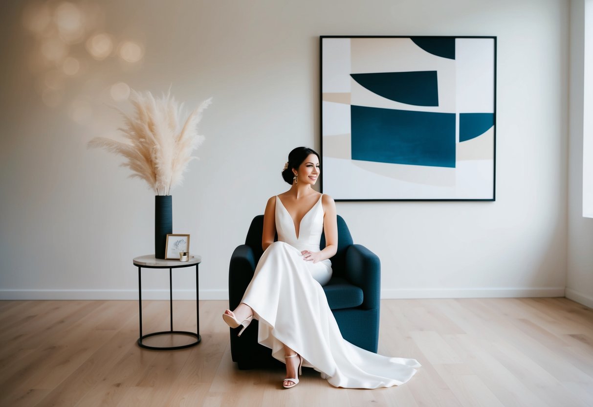 A bride sits on a modern chair, surrounded by minimalist decor and abstract art