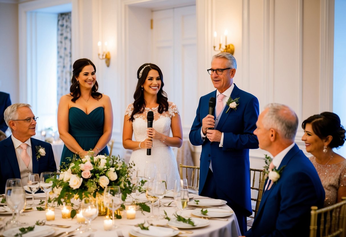 Parents of the bride stand at a beautifully set dinner table, surrounded by family and friends. They hold a microphone and address the room with heartfelt and memorable speeches