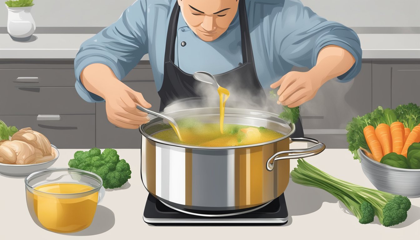 A chef pours vegetable broth into a pot, adjusting the concentration and adding seasoning to substitute for chicken broth