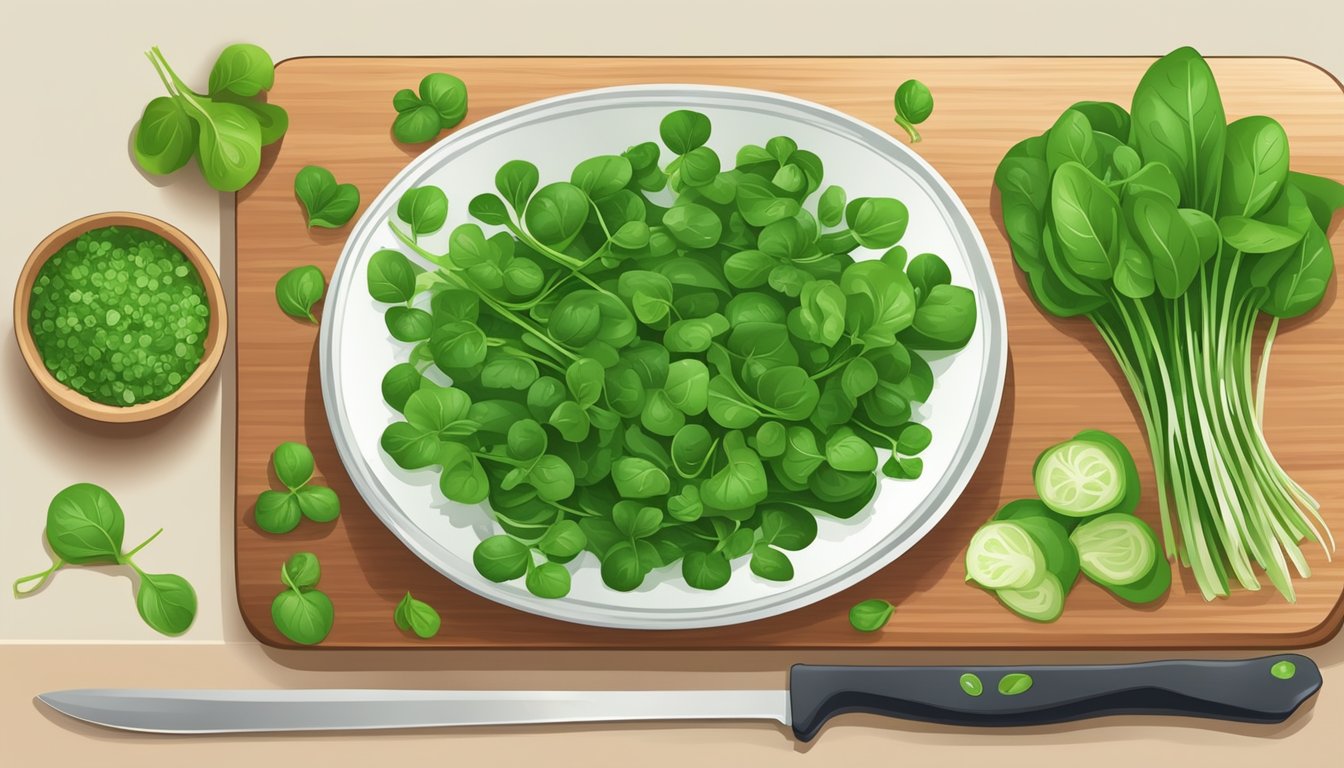 A cutting board with fresh watercress and spinach, a knife, and a bowl for washing the greens