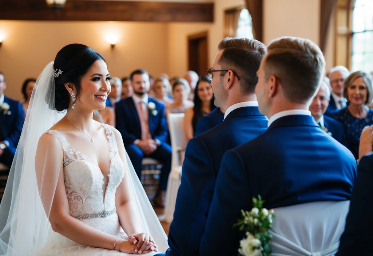 A bride sits on the left side of the ceremony venue, facing the groom on the right