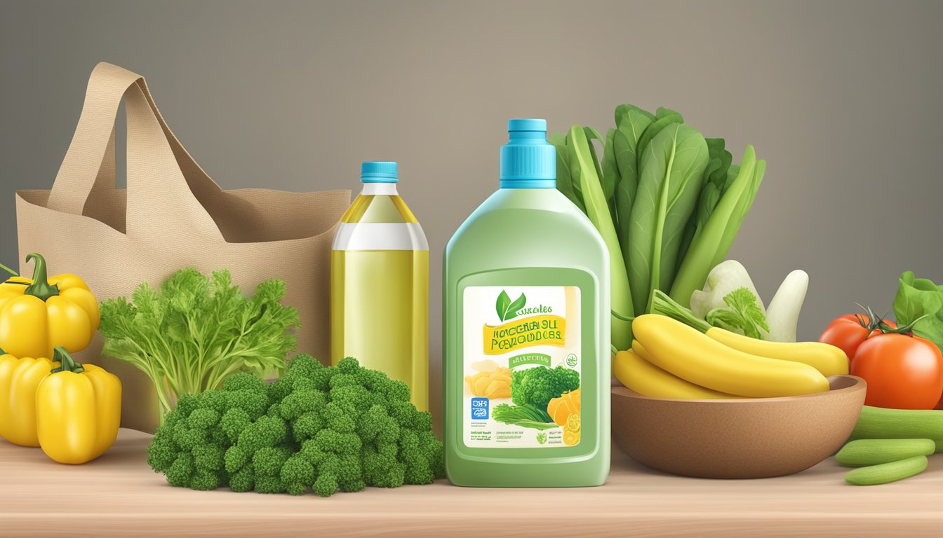 A kitchen counter with a bottle of vegetable oil next to a bottle of canola oil, surrounded by fresh vegetables and a reusable shopping bag