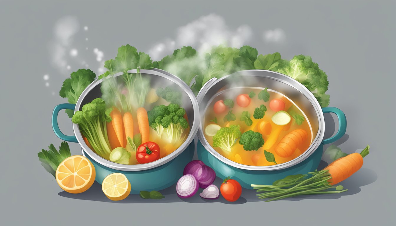 A pot of simmering vegetable broth with various vegetables and herbs floating in it, steam rising from the surface