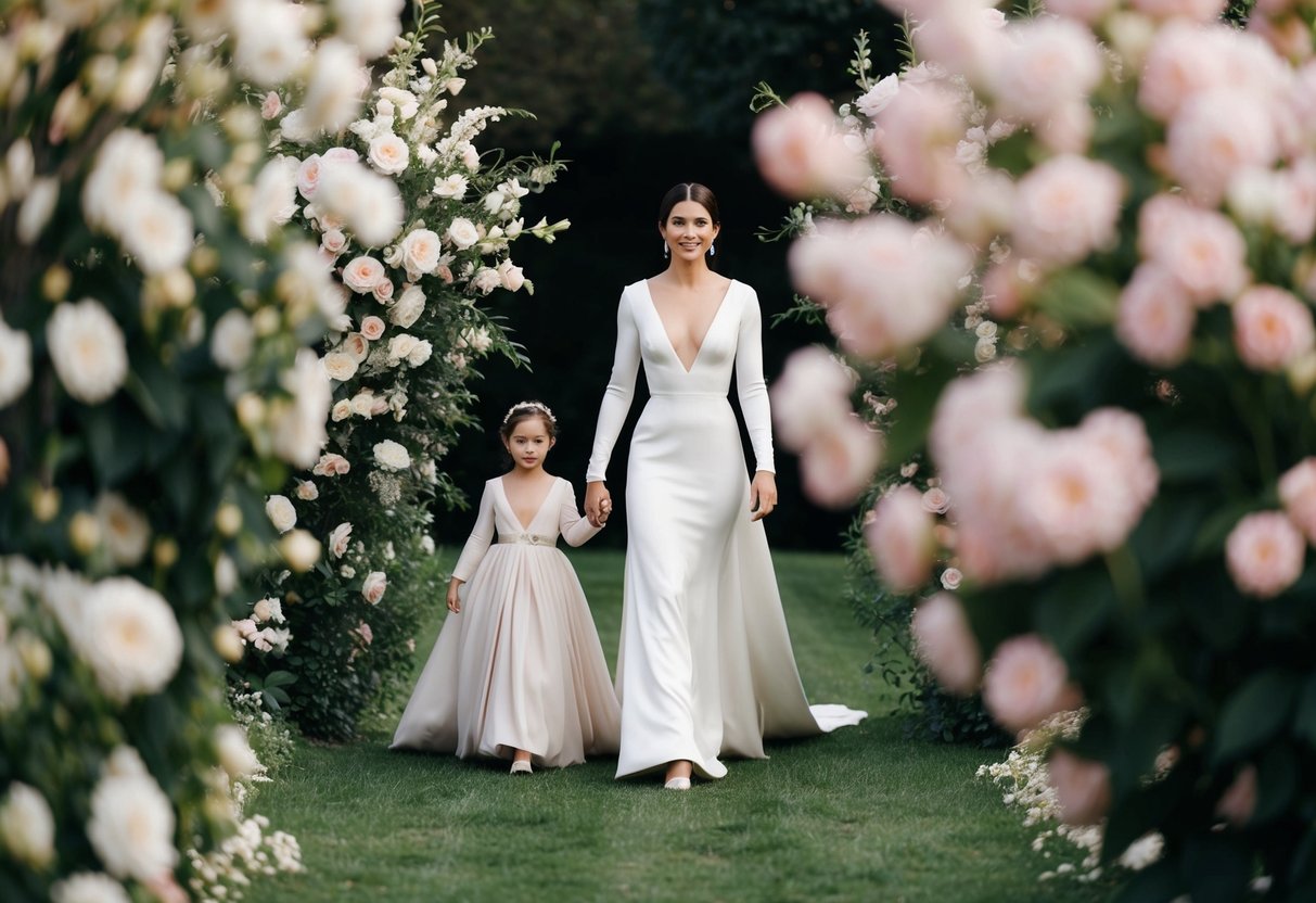 A figure in a long dress walks alongside a smaller figure in a flowing gown, surrounded by flowers and greenery