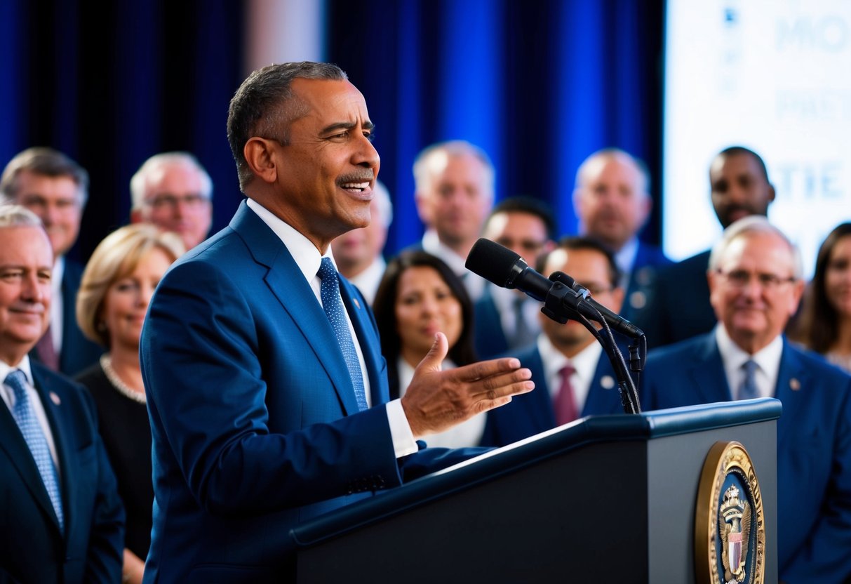 A man stands at a podium, surrounded by guests. He gestures as he speaks, with a proud and emotional expression on his face