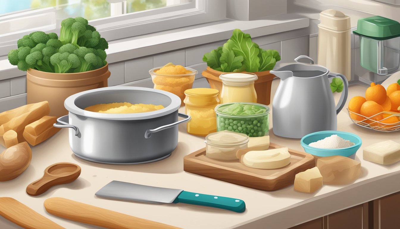 A kitchen counter with ingredients and utensils for baking pastry, including a tub of vegetable shortening and a block of lard