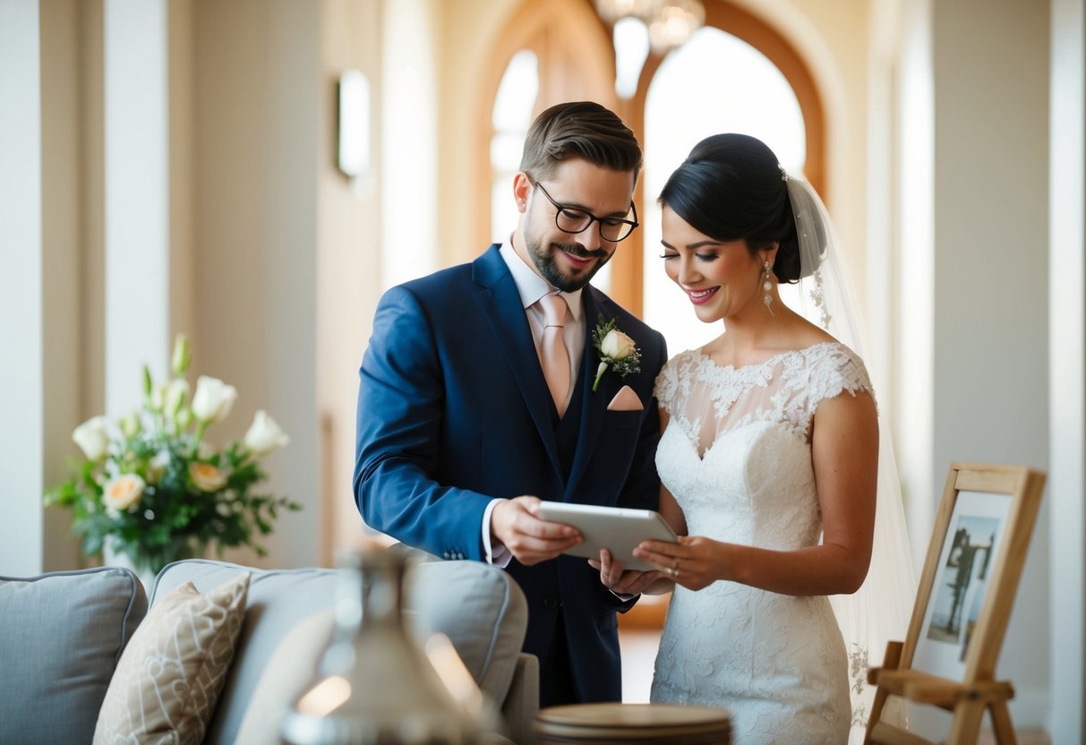 A couple browsing a wedding registry, selecting furniture items