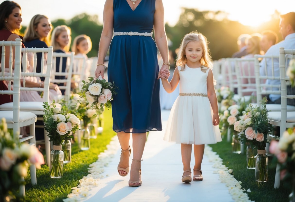 A woman and a young girl stand side by side, walking down a flower-lined aisle. The sun is setting, casting a warm glow over the scene