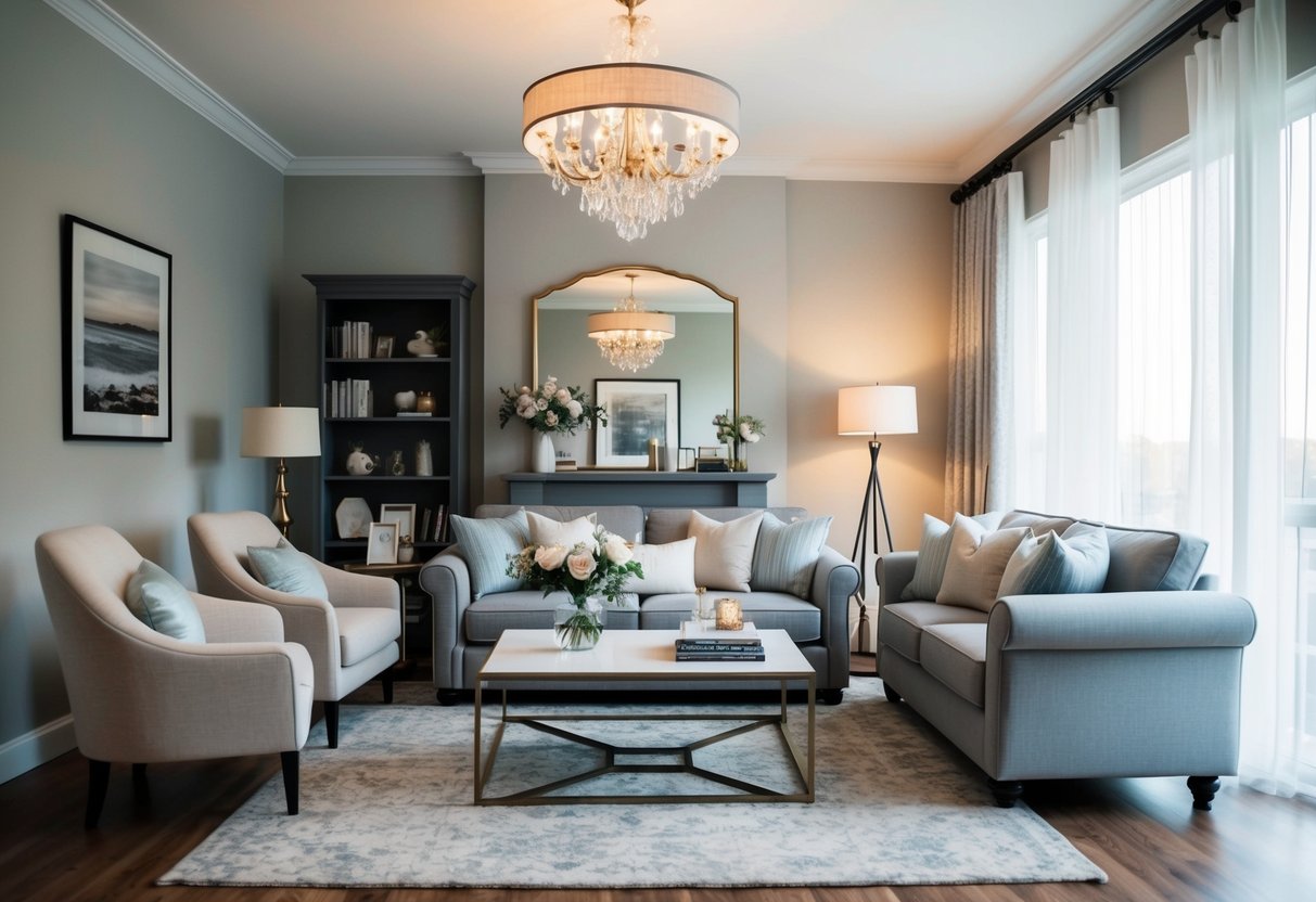 A cozy living room with a modern sofa, elegant coffee table, and stylish bookshelf, all set up for a wedding registry